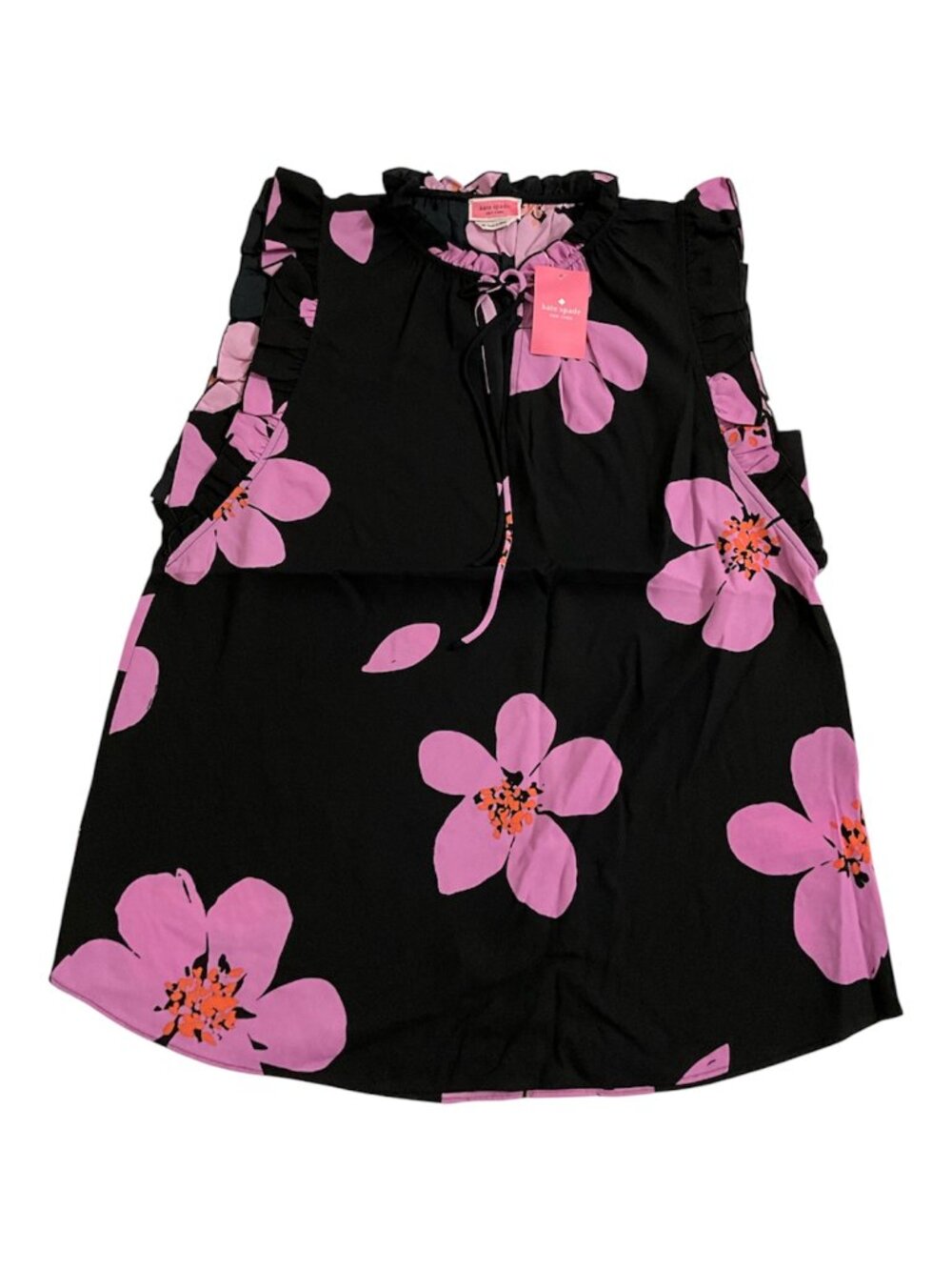 Kate Spade Black Pink Floral Ruffle Sleeveless Blouse Women’s M NWT $200 MSRP